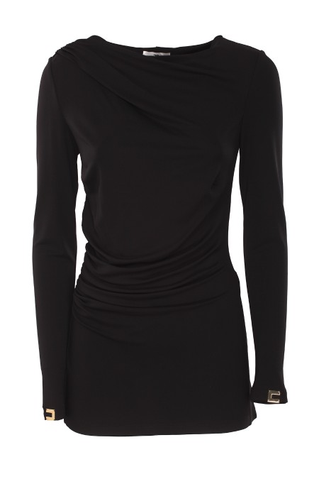 Shop ELISABETTA FRANCHI  Maglia: Elisabetta Franchi maglia in jersey con drappeggio.
Maglia in jersey fluido con maniche lunghe a guanto rifinite da placca logo in metallo dorato. È caratterizzata da drappeggio su scollo a barca e fianco.
Zip invisibile sul retro.
Accessori in metallo dorato.
Vestibilità slim.
Composizione: 96% Viscosa, 04% Elastane.
Made in Italia.. MD00547E2-110